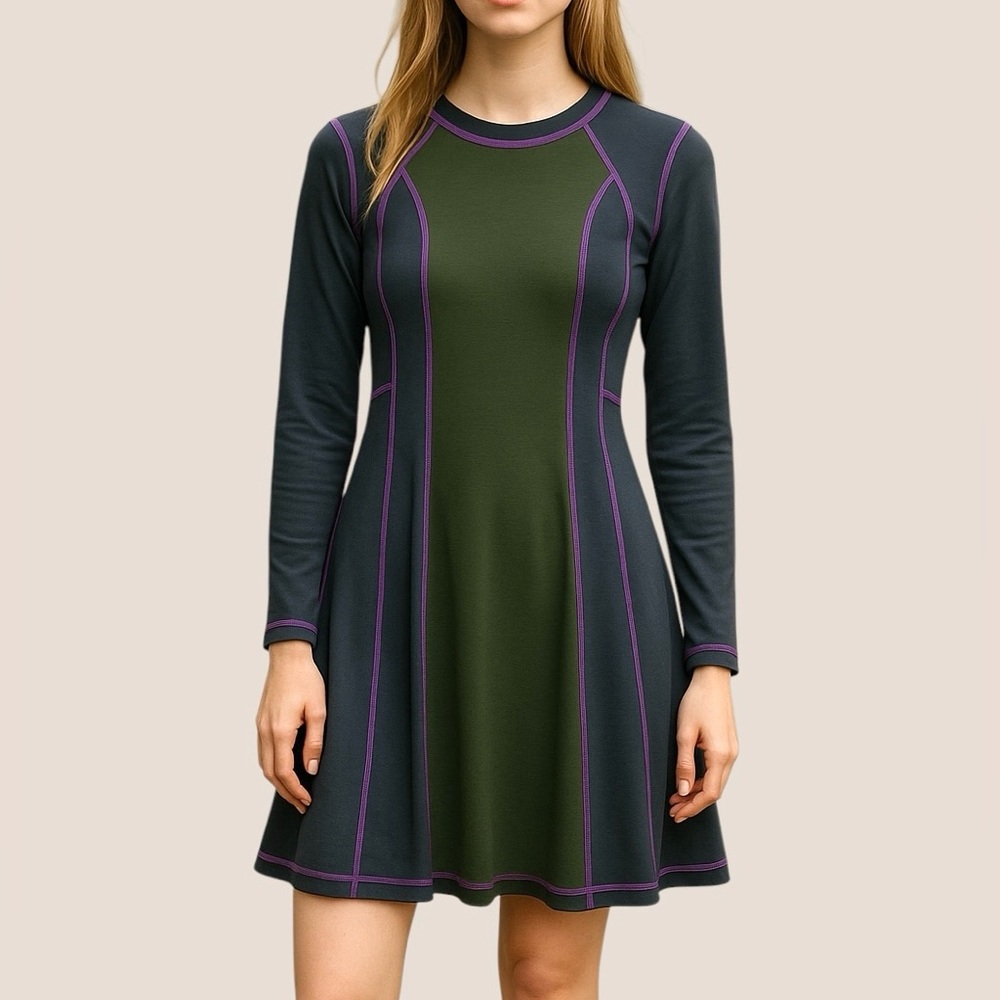 Hot‎ Lava Line Print Colorblock Skater Dress Long Sleeve Large